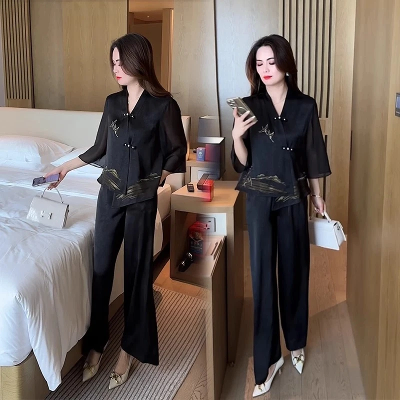 职业套装2025新款女装今年流行时尚减龄洋气新中式夏装阔腿两件套