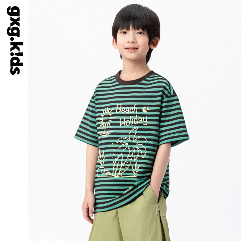 gxgkids儿童男女童休闲夏季条纹印花撞色半袖短袖时尚宽松KGD319
