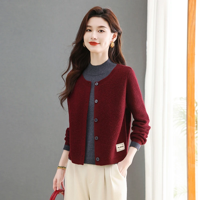 高级感时尚假两件上衣女外套半高领外穿秋冬打底衫百搭针织衫开衫