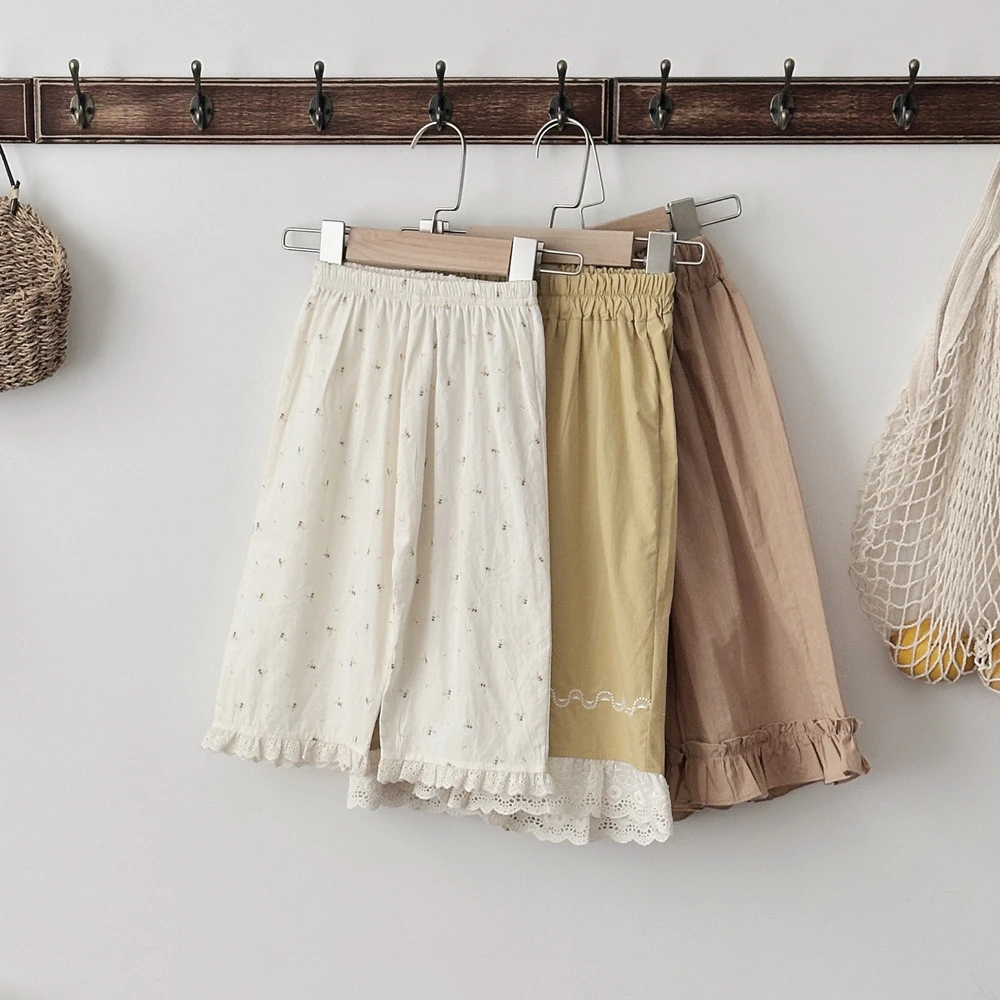 INS款春秋花边刺绣裤脚碎花阔腿裤女宝宝简约外出宽松休闲裤