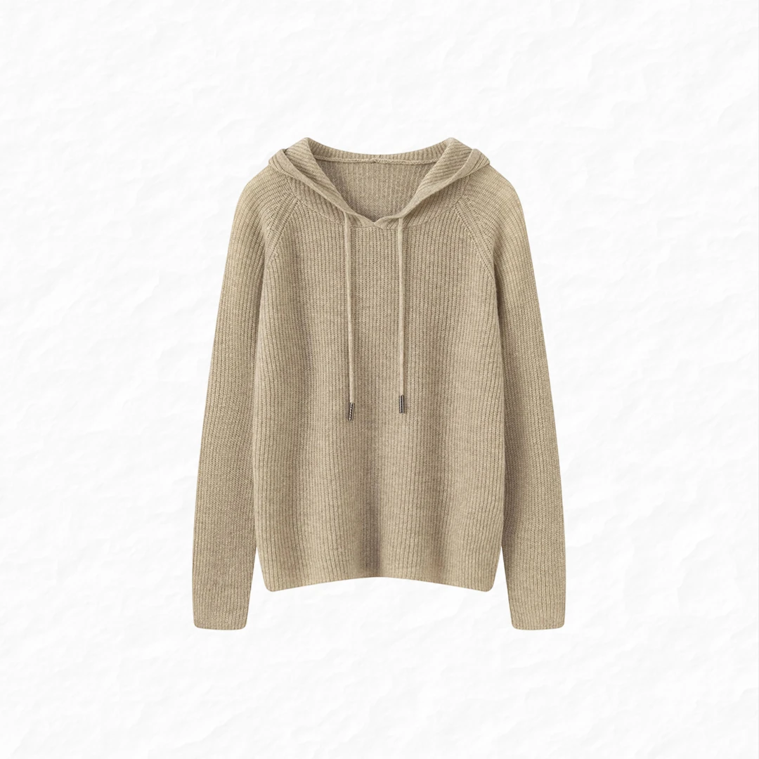 100%山羊绒长袖纯色针织帽衫宽松连帽上衣百搭打底衫 825200