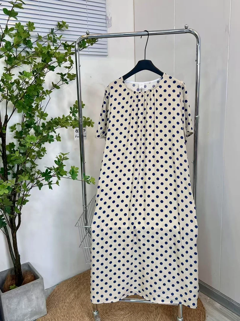 （现）蓝色波点夏季短袖连衣裙棉绸薄款女宽松外穿休闲时尚