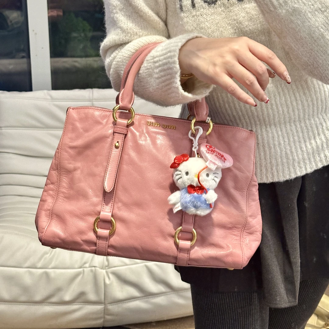 95新 MIU MIU/缪缪 樱花粉金油蜡皮机车包