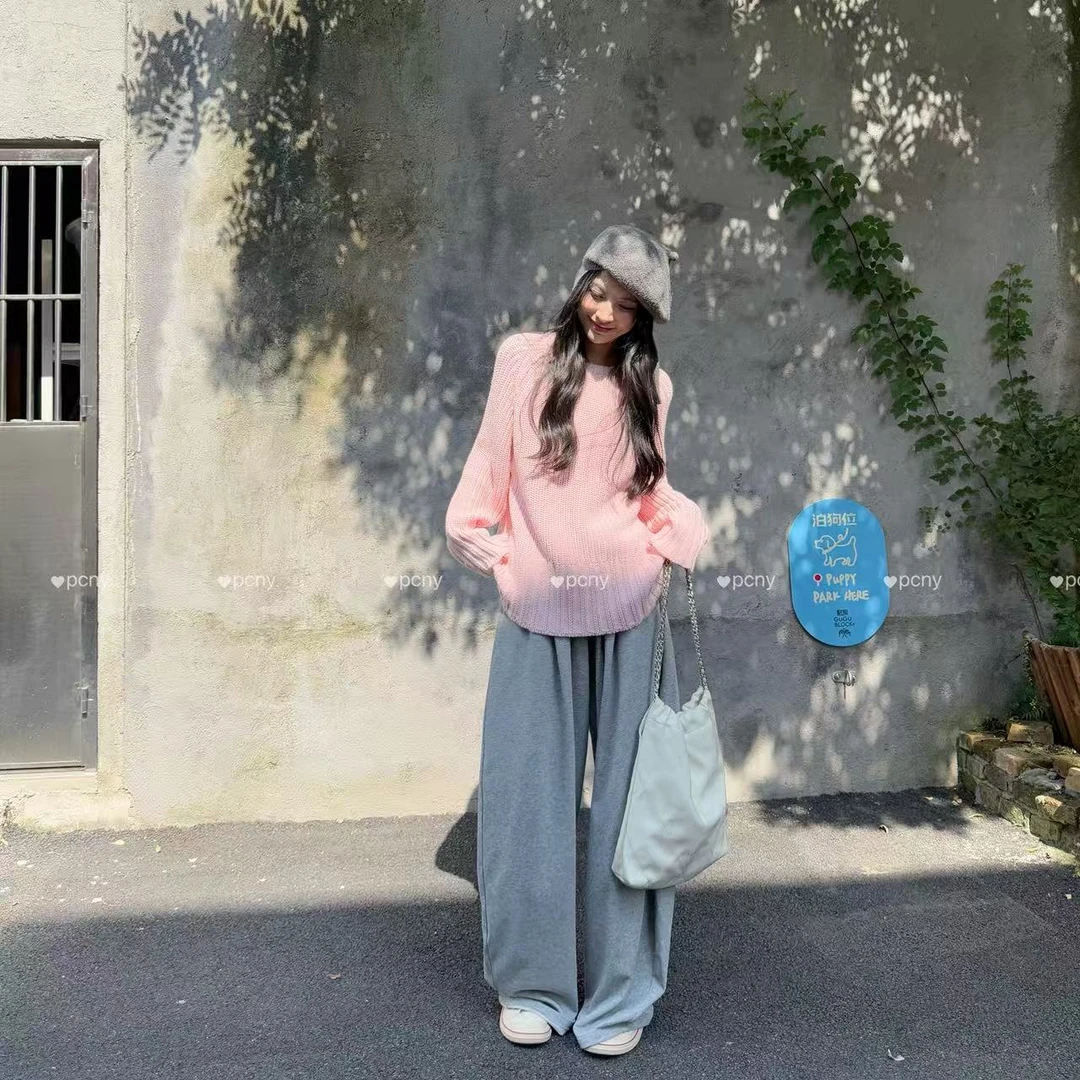 PCNY「淡粉织言」不理理冬季新款小众女装清新百搭宽松圆领针织衫女