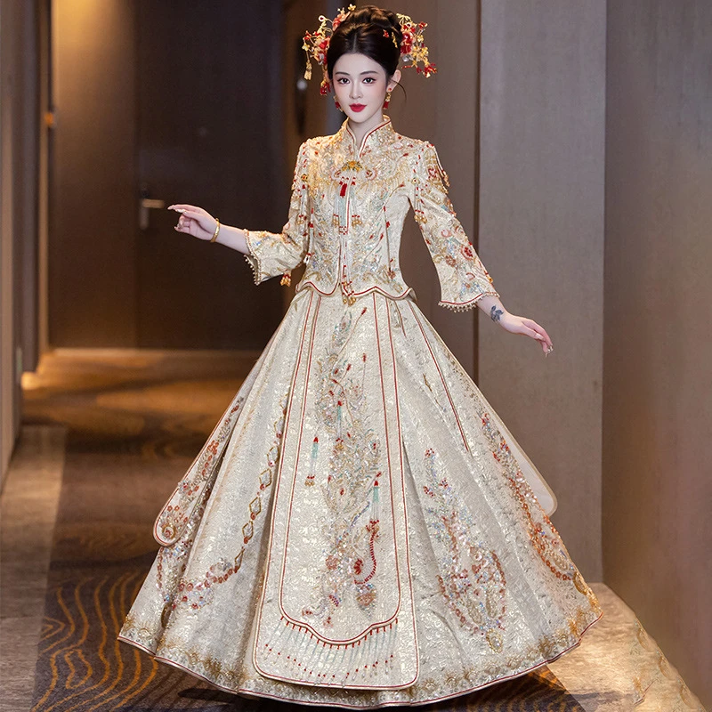 重工龙凤褂夏季新款复古中式嫁衣秀禾服新娘出阁礼服红色聚酯纤维