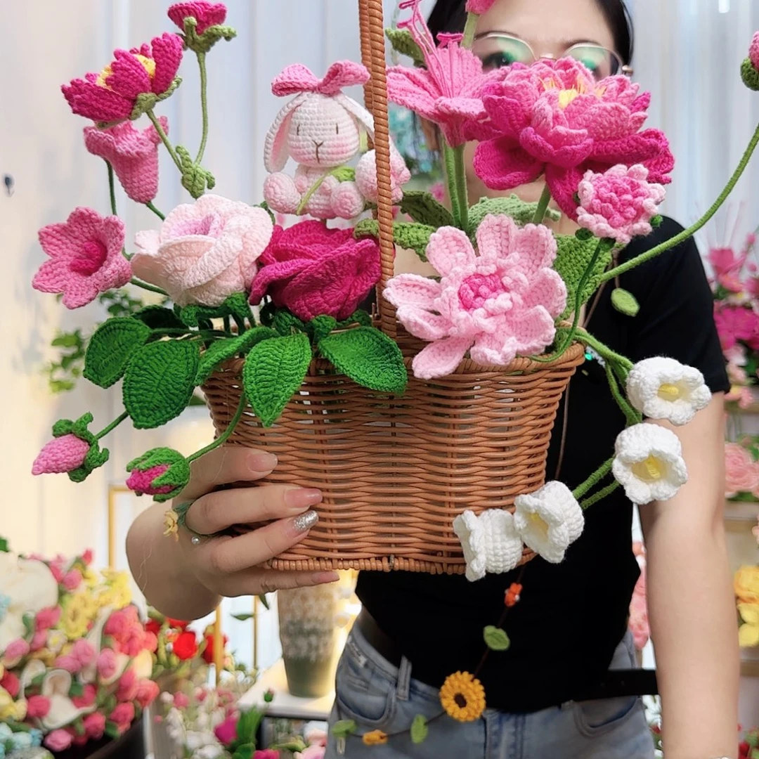 莱赛尔纤维棉手工钩织兔子花篮