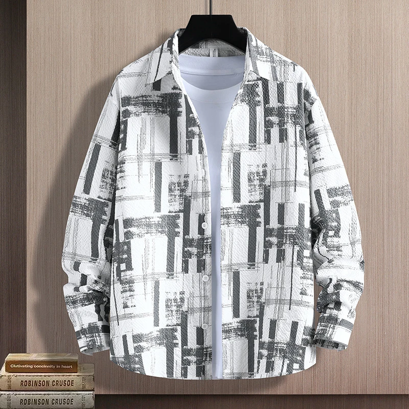 商务休闲印花长袖衬衫男薄款痞帅上衣秋季时尚潮流百搭外套打底