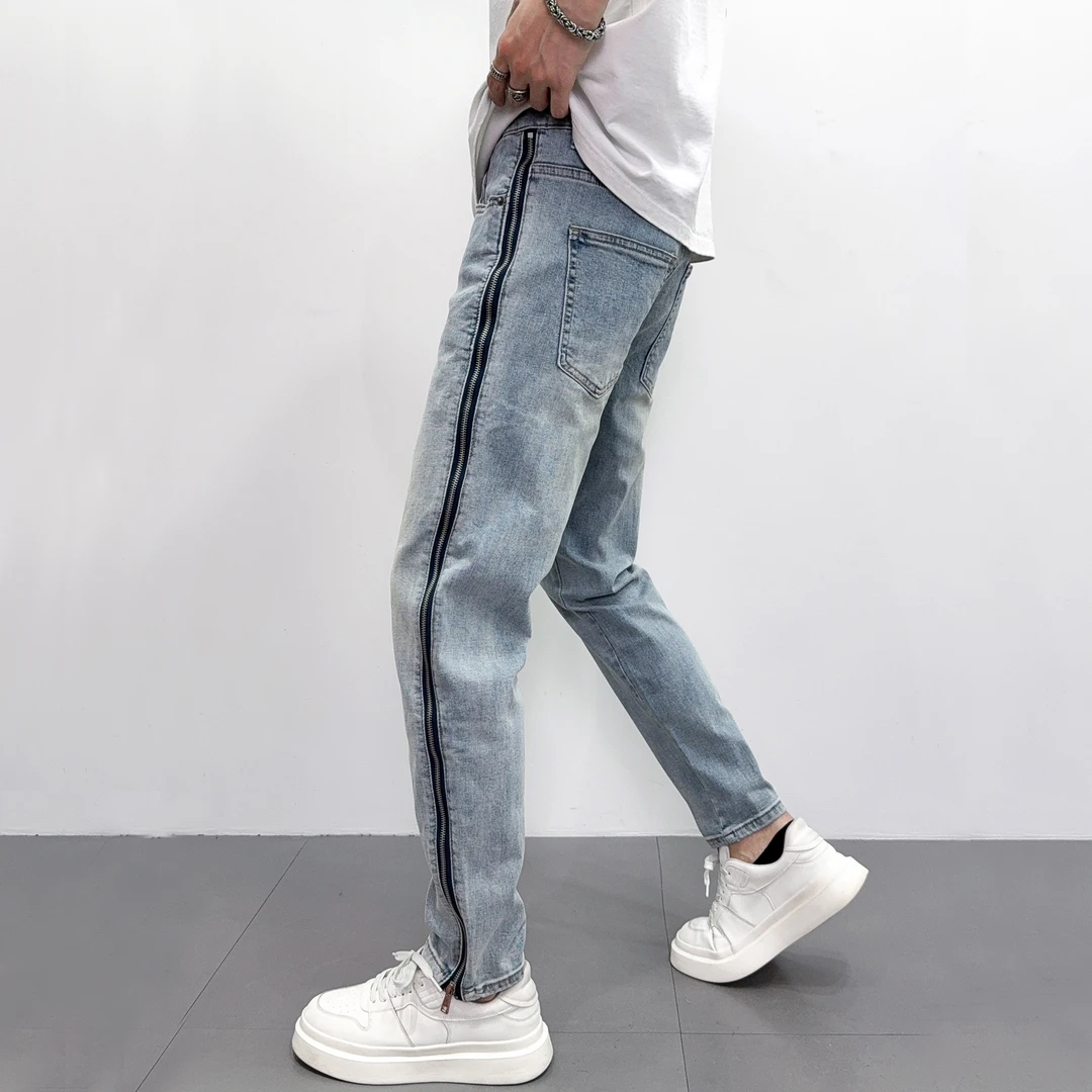 美式高街拉链牛仔裤男款爆款2025新款夏季浅蓝水洗潮牌修身小脚裤