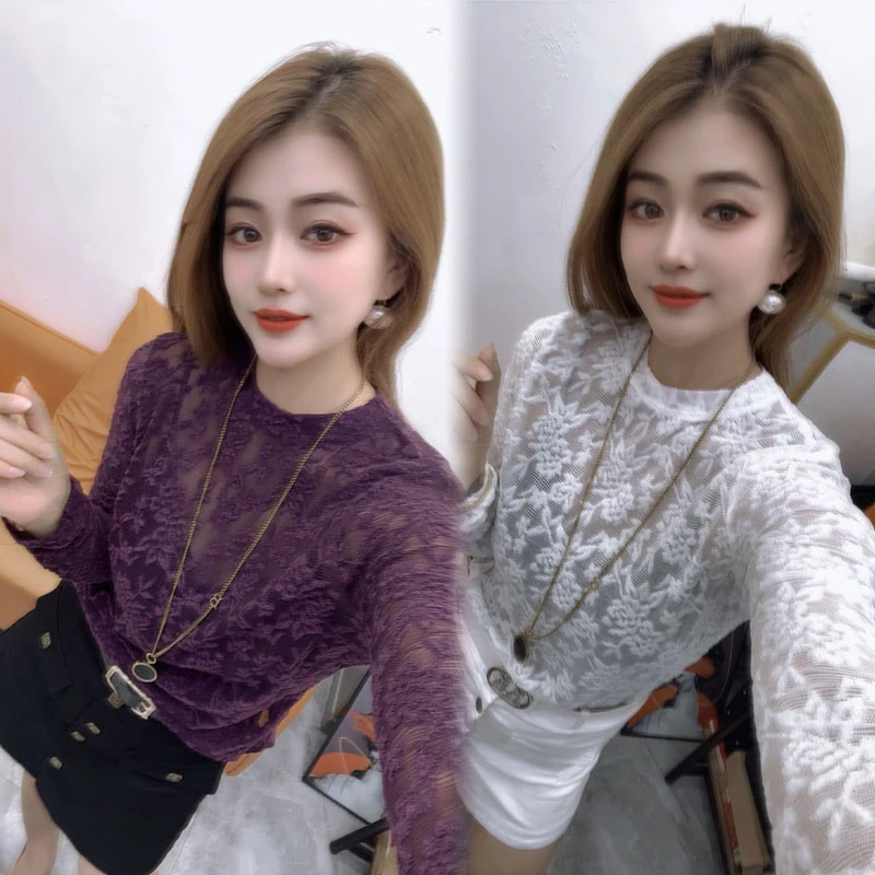 欧洲站2025秋季新款洋气半高领蕾丝衫女性感内搭T恤修身显瘦上衣