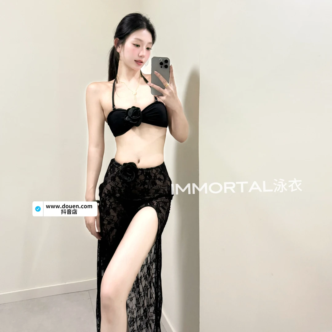 黑色抹胸性感蕾丝比基尼三件套镂空复古泳衣露背海岛度假三亚泳衣