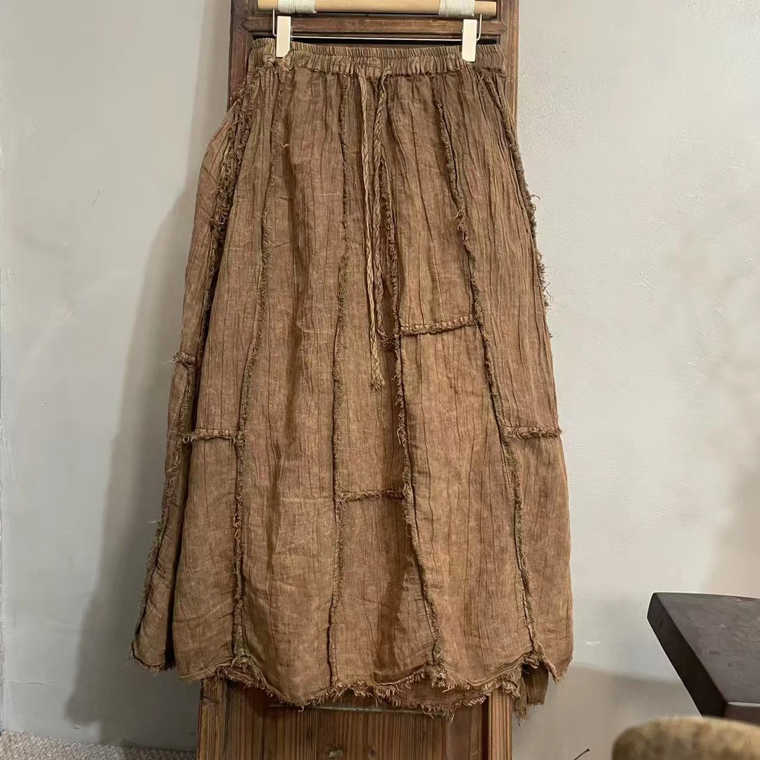 MX726原创设计春夏复古印花百搭高端麻料半身长裙