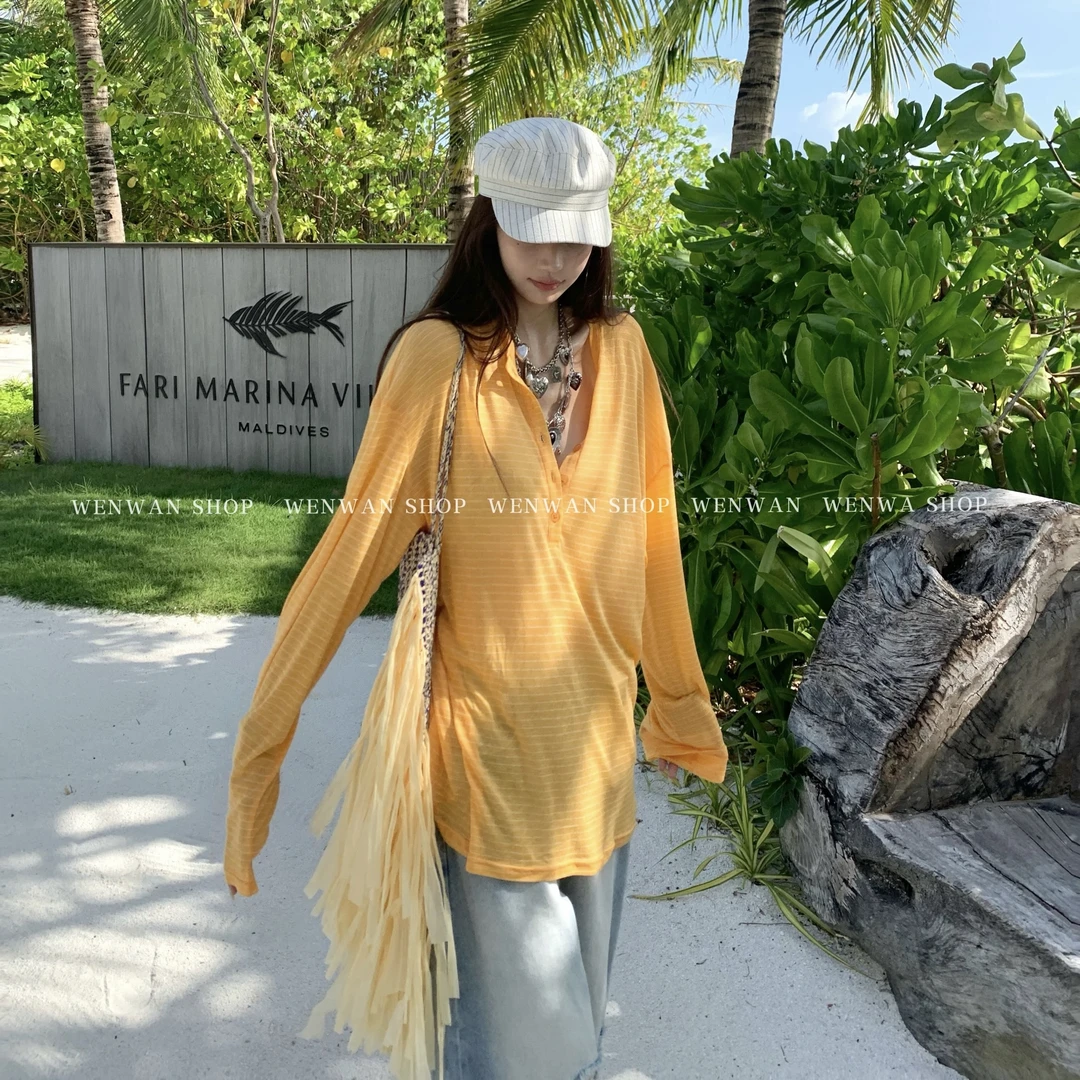 【橘子海】条纹罩衫慵懒风宽松长袖T恤