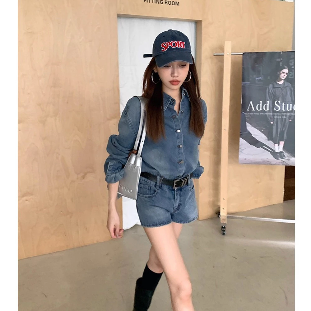 时尚复古休闲洋气牛仔套装女秋季长袖衬衫宽松外套上衣高腰短裤女
