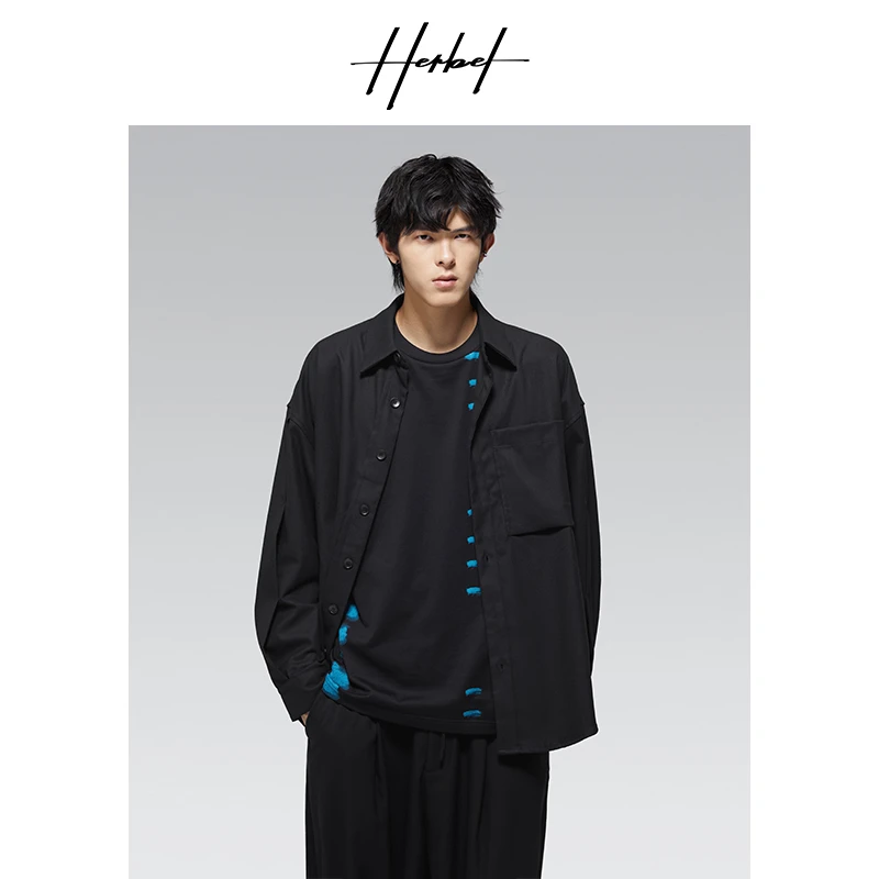 HERBEL/黑白2025/早秋穿搭男士长袖衬衫外套休闲百搭潮流宽松时尚