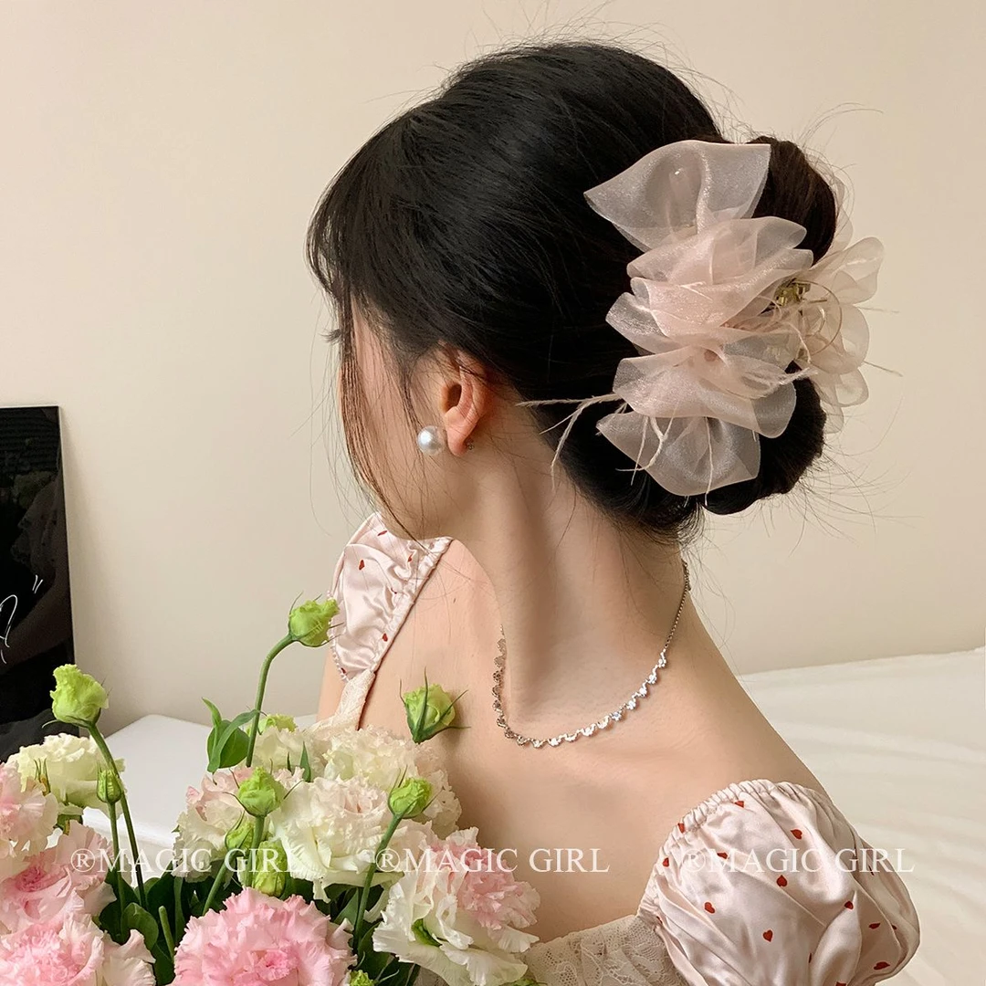 夏天超仙褶皱网纱羽毛抓夹纯欲少女云朵泡泡鲨鱼夹发饰精致发卡女