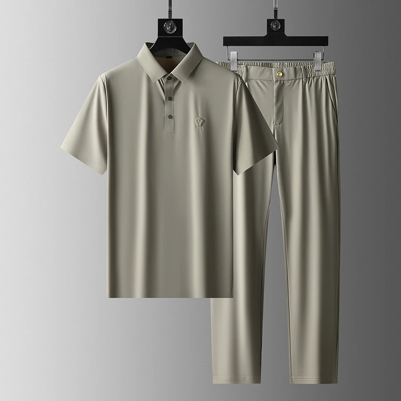 2025夏季新品抗皱冰丝四面弹力面料凉感男士翻领短袖商务休闲套装