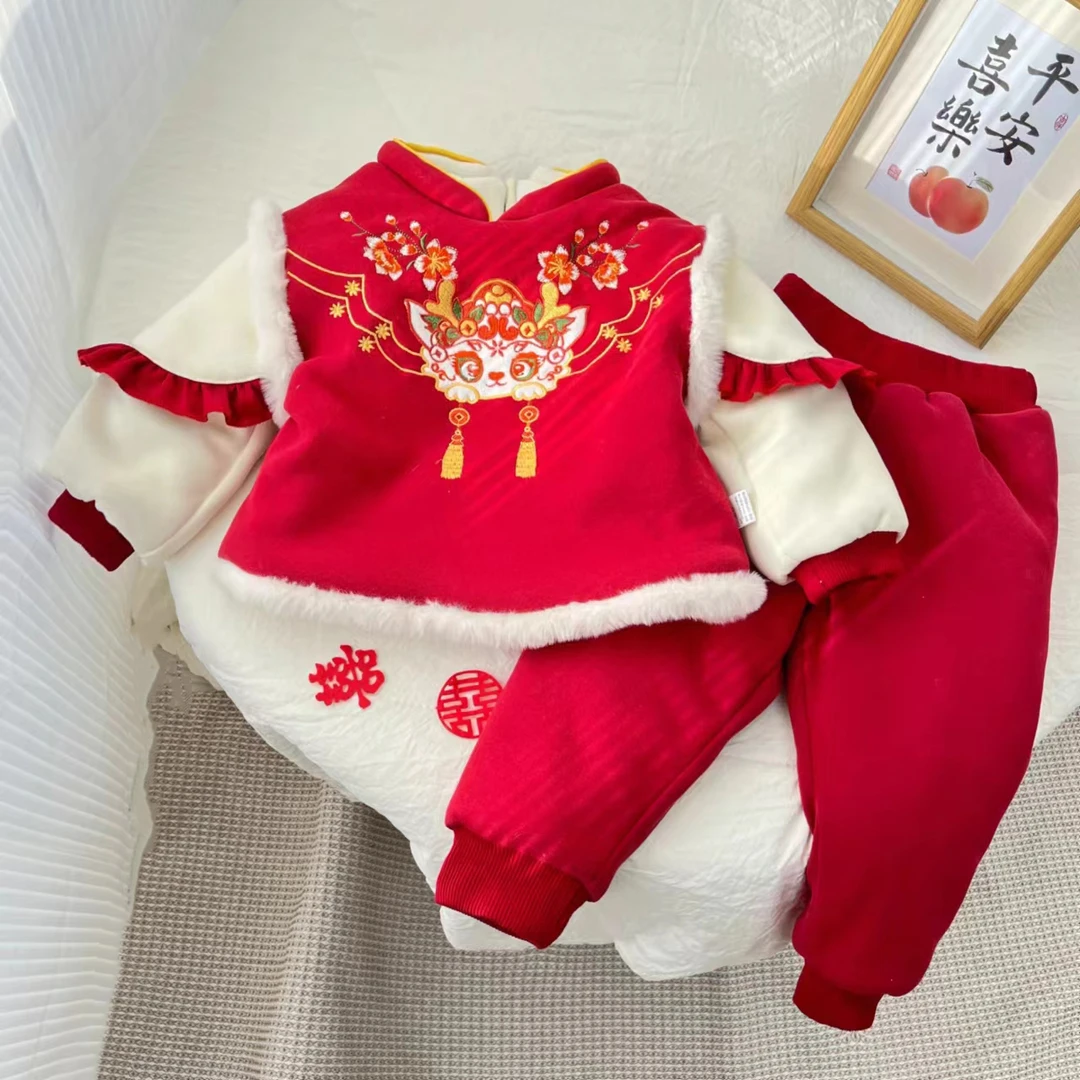 【小龙姑娘】女童冬季2025新款中国风加绒加厚拜年服两件套H-G-D74