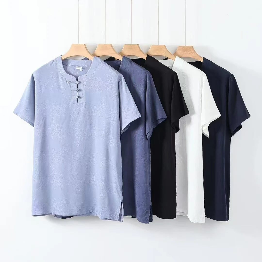 夏季新款男士棉绸T恤青岛人造棉提花斜纹棉绸盘扣国风款透气2503