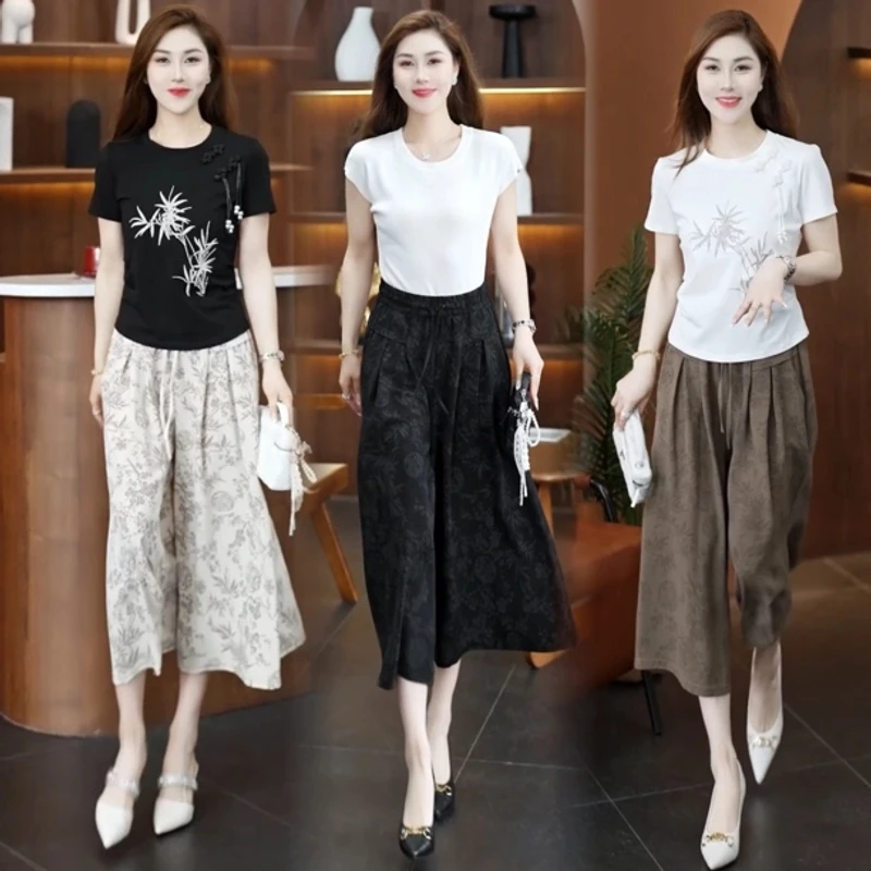 国风冰丝阔腿七分裤2025夏季新款高腰韩版休闲裤宽松薄款裙裤女