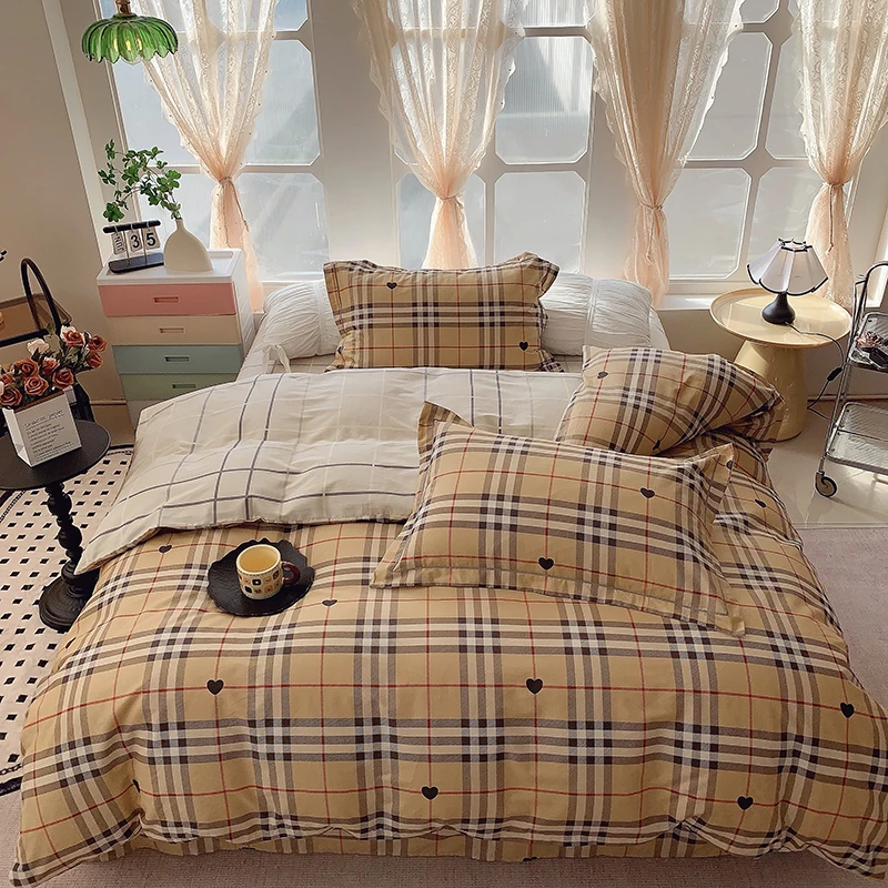 2025新款春夏双面纯棉四件套 全棉斜纹印花格子条纹卡通床品4件套