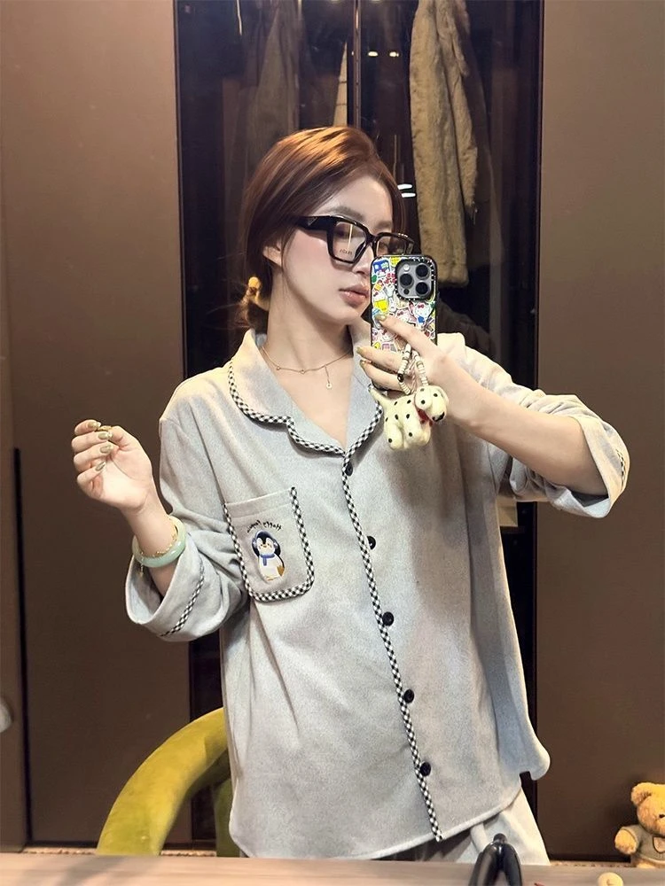 睡衣女2025秋冬加绒加厚韩版半边绒法兰绒德绒高品质保暖居家套装
