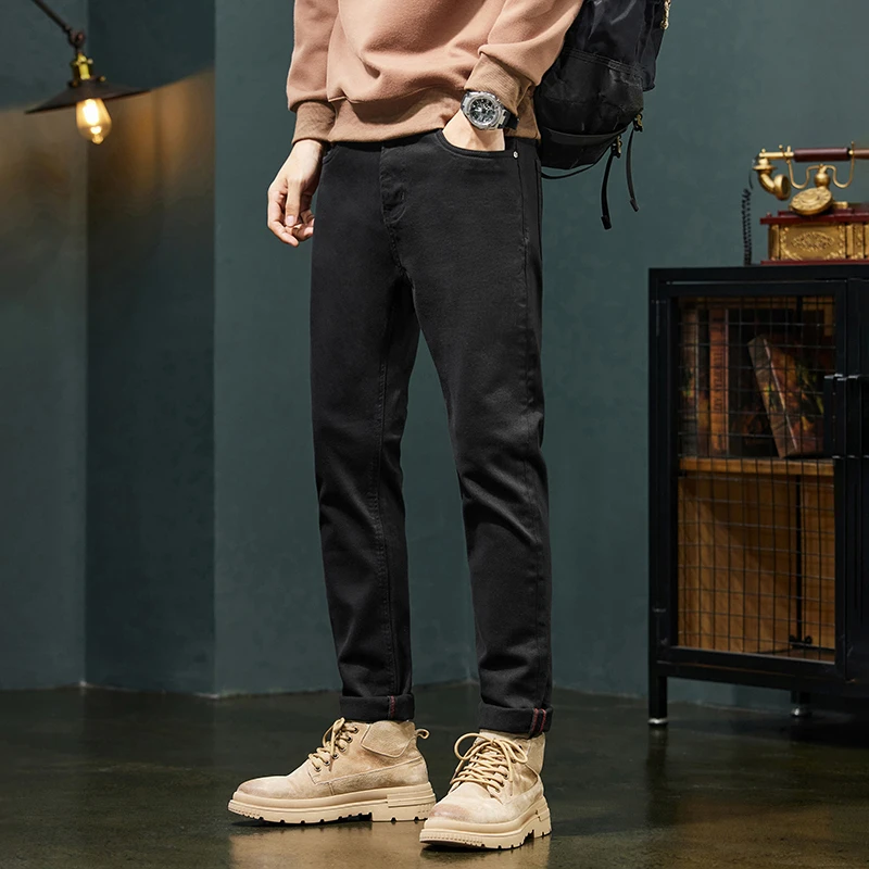 秋冬新款大码纯黑不掉色男士牛仔裤修身小直筒防褪色SBQ6083-1
