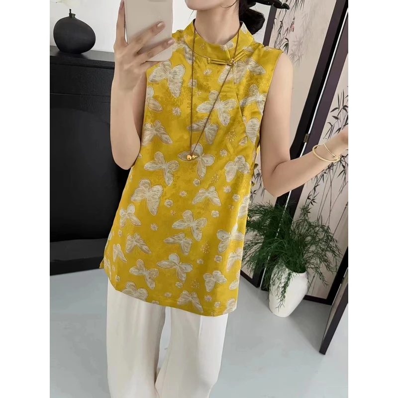 气质新中式复古时尚宽松提花2025夏季新款水洗无袖印花百搭上衣