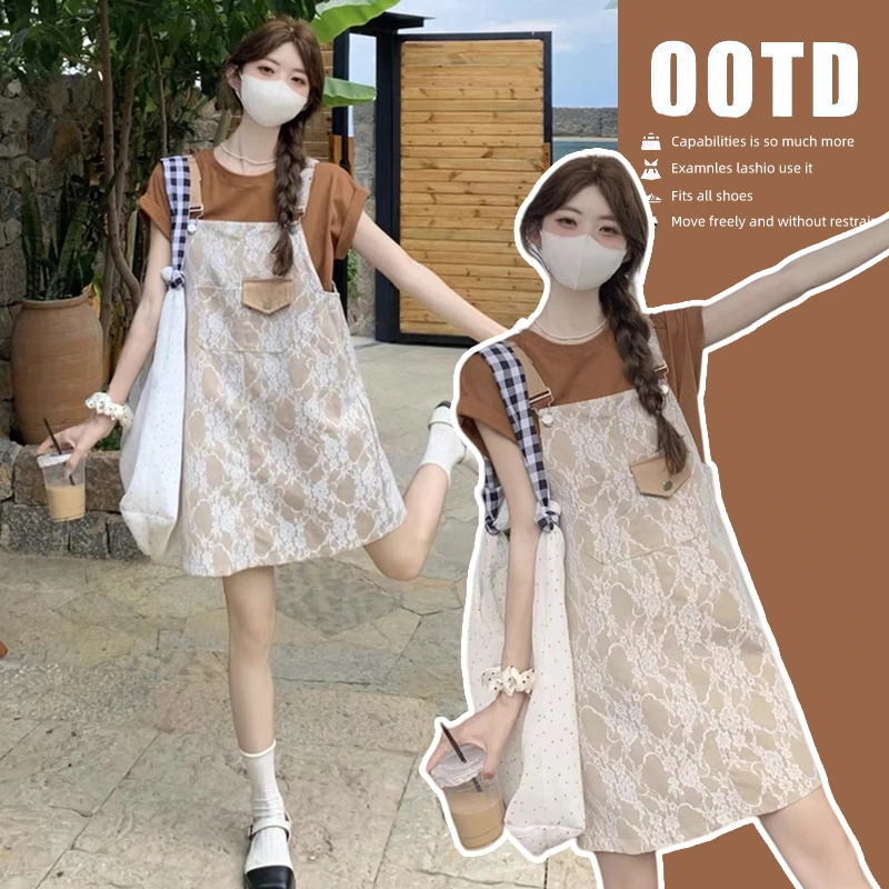 2025夏季新款时尚孕妇装蕾丝提花背带裙套装减龄休闲连衣裙两件套