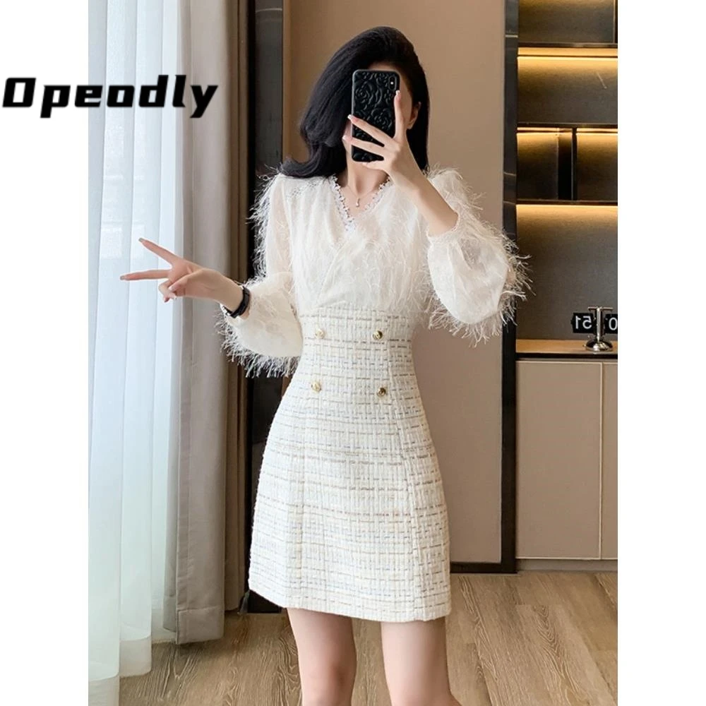 Opeodly赫小本香风法式高级名媛气质粗花呢流苏长袖V领连衣裙