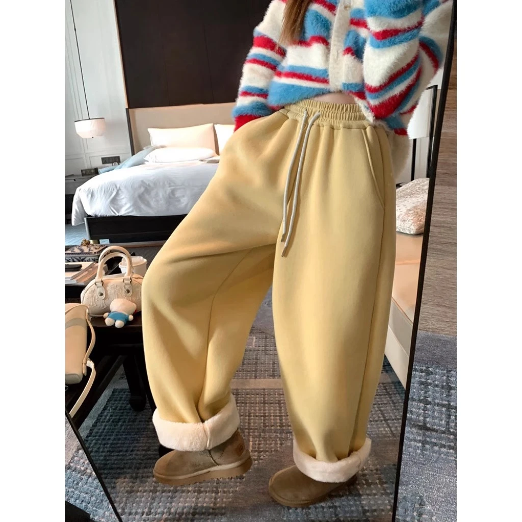 加绒特厚休闲卫裤女冬季外穿保暖裤束脚直筒高腰宽松显瘦阔腿裤