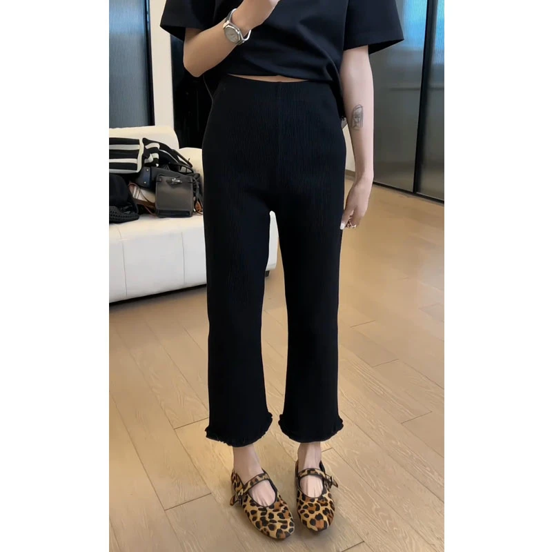 显瘦休闲裤女夏季新款设计感弹力直筒裤大码黑色遮肉九分裤小个子