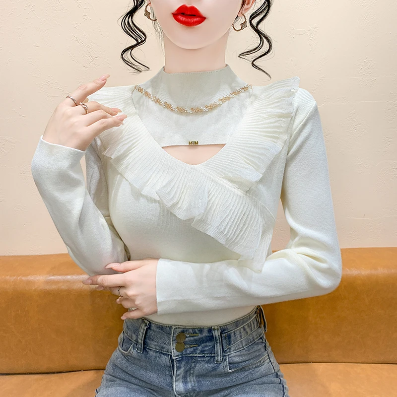 V领修身高级感荷叶边重工订珠毛衣女秋冬新款百搭显瘦针织衫T恤