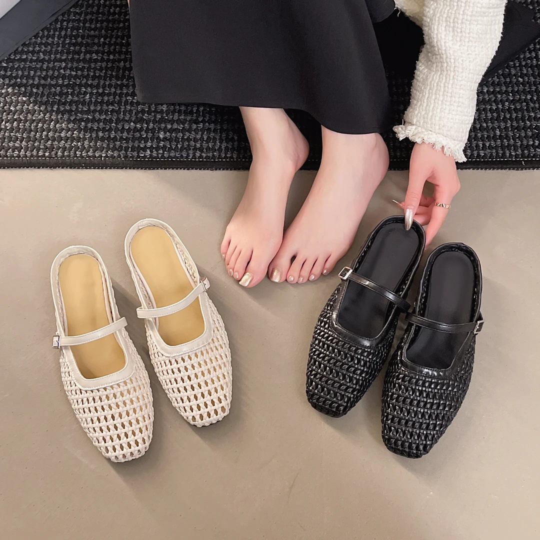 【Jerry】迈阿密度假~方头编织粗跟包头玛丽珍百搭时尚半托凉鞋5627