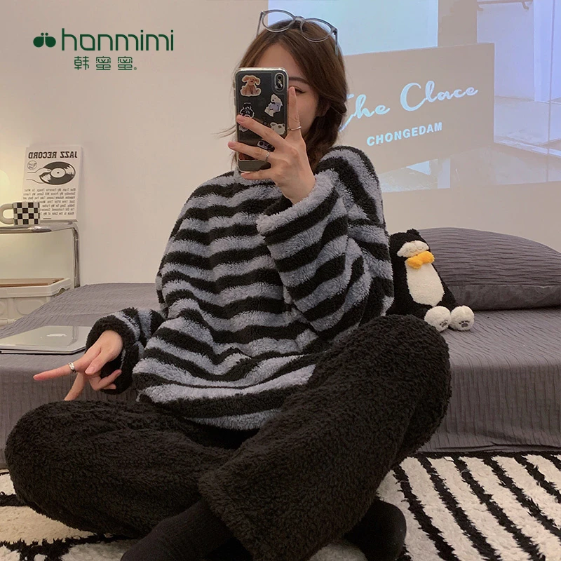 【韩蜜蜜】珊瑚绒睡衣女士套装加绒加厚秋冬季新款家居服HMM-K19620