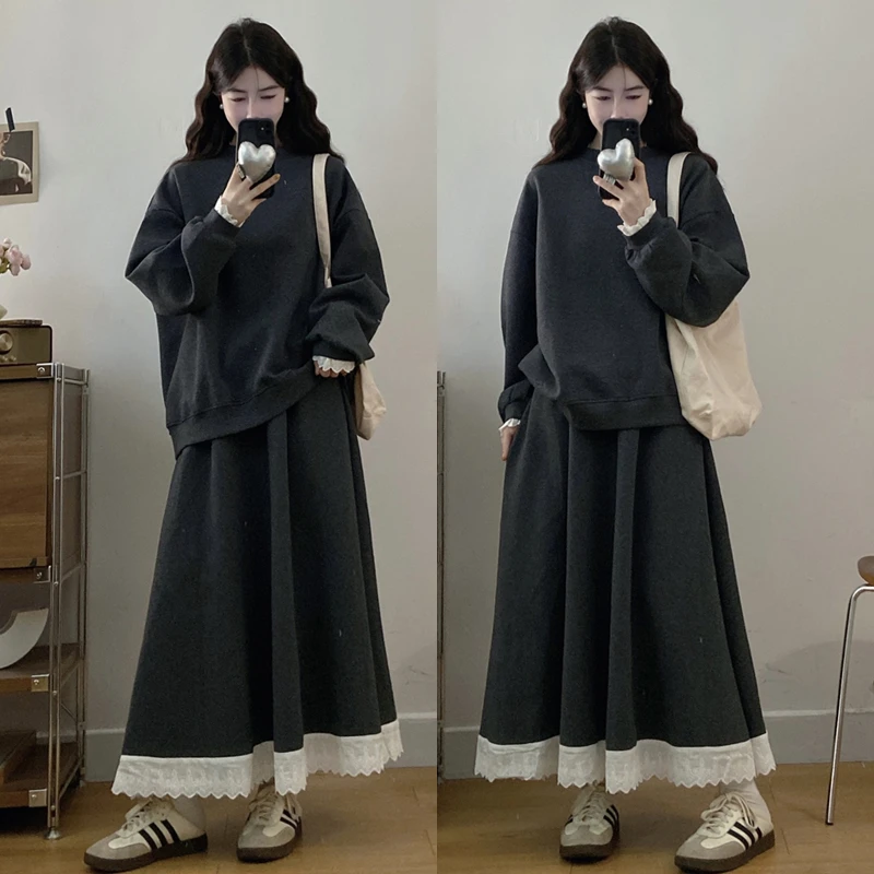 大码胖mm秋季新款时尚减龄休闲卫衣套装学院风半身裙两件套装女