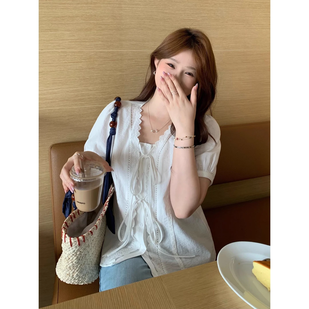 大码法式蕾丝花边V领短袖衬衫女夏胖mm掐腰显瘦别致小衫气质上衣