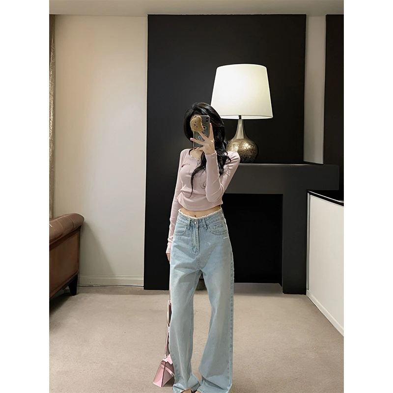 KSKM蓝色牛仔裤女2026春秋新款美式小众腰头珍珠拼接设计直筒裤子