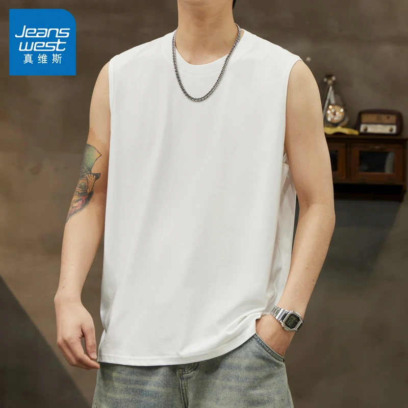 Jeanswest/真维斯2025夏季纯棉背心纯色字母宽松休闲百搭背心男士
