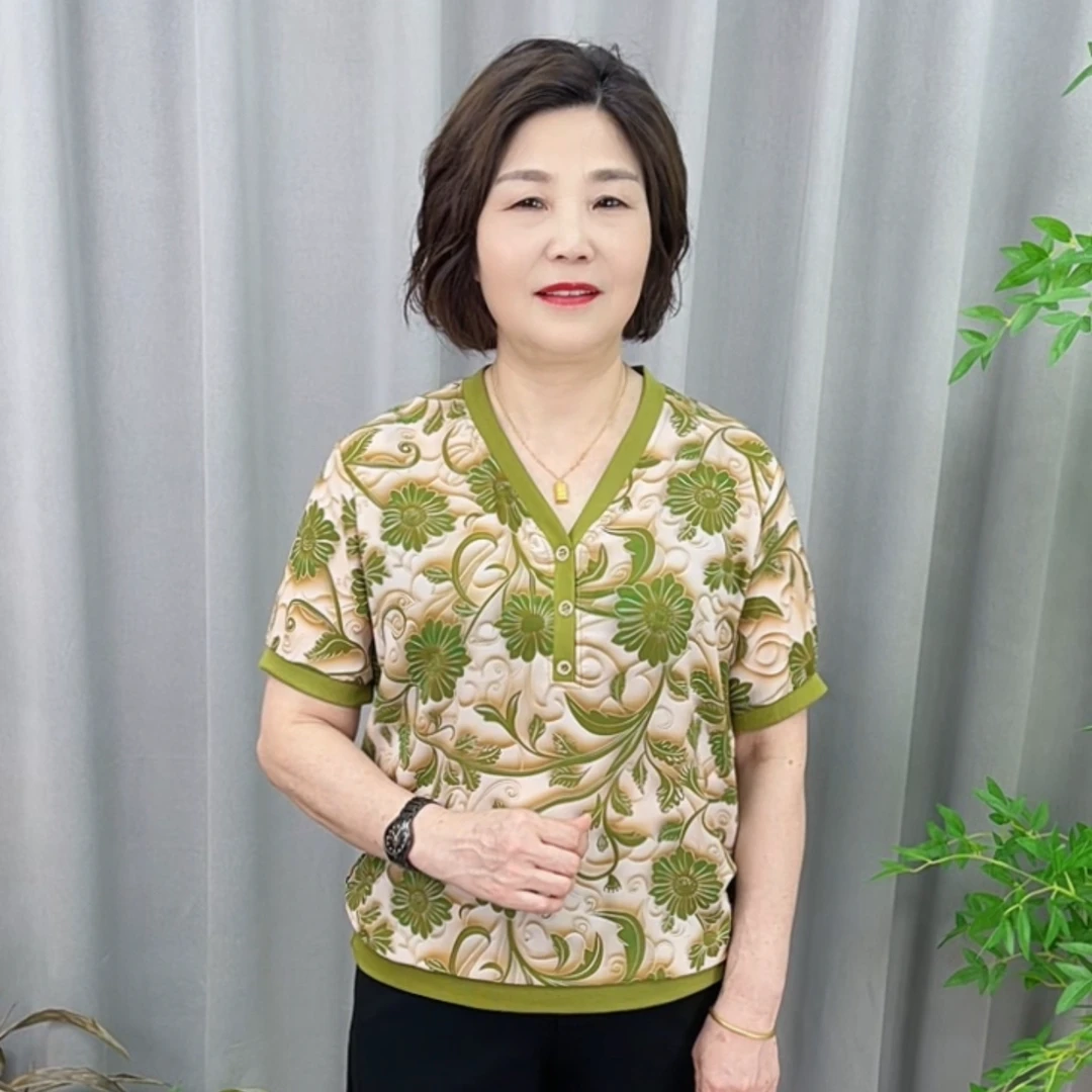 夏季轻职风薄款时尚中老年女装印花休闲小衫花色大码妈妈装V6635