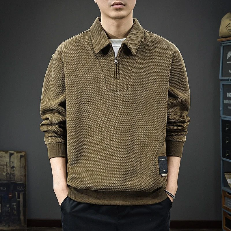 2026秋冬新款重磅半拉链翻领卫衣男潮流复古简约宽松男士加厚上衣