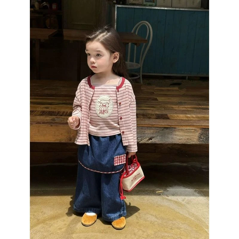 童装25春秋季新款套装小童韩版贴布条纹吊带开衫套装牛仔裙裤洋气