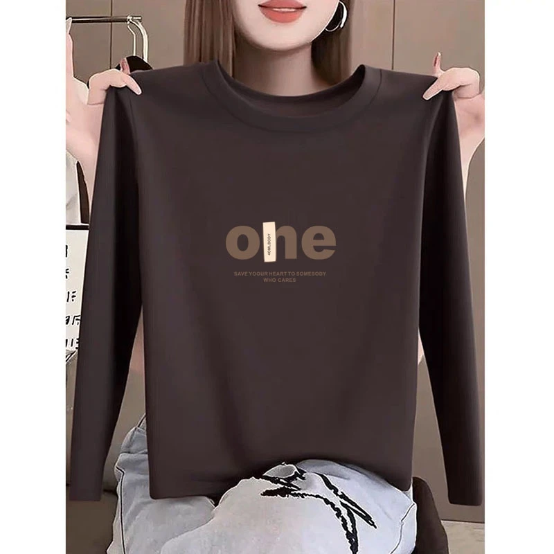 正肩圆领磨毛长袖t恤女2025春秋冬季时尚百搭加厚内搭打底衫上衣