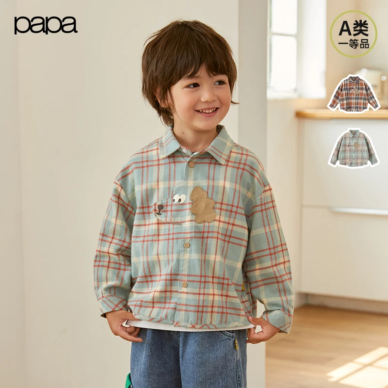 【小狗衬衫】papa秋季春秋休闲长袖洋气格子衬衫小童翻领爬