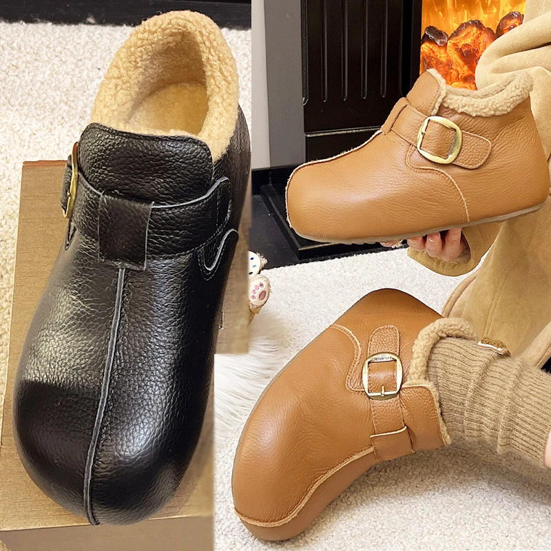 头层牛皮复古皮带扣勃肯鞋女冬新款加绒保暖毛毛棉鞋内增高雪地靴