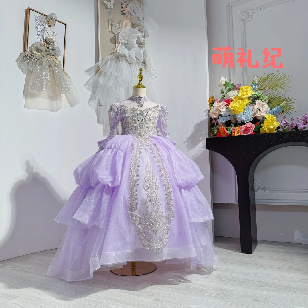 女公主风礼服女童主持人礼服设计师紫色女孩宴会轻奢生日走秀