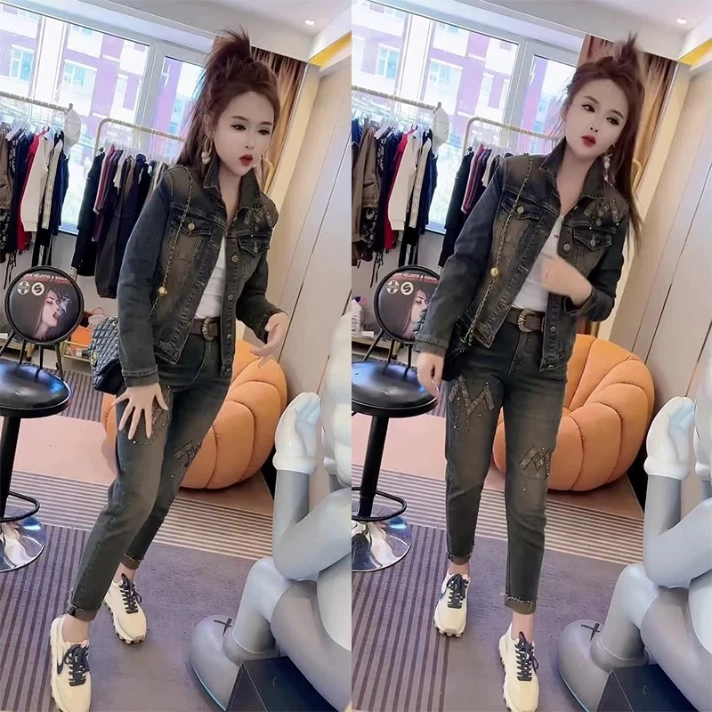 041复古港味牛仔外套两件套女潮秋季装新款时尚弹力牛仔裤套装