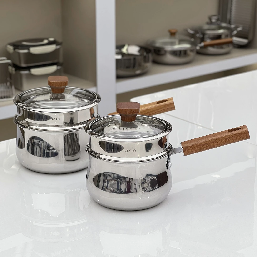【16-18cm】18/10不锈钢小奶锅日式木把带蒸格加厚雪平锅宝宝辅食锅
