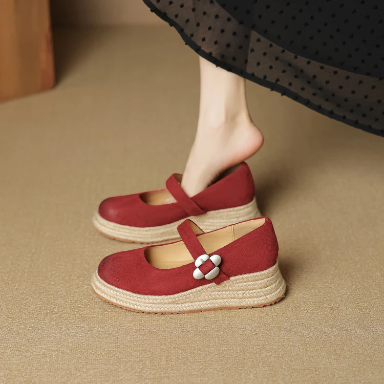 头层小牛皮~5cm坡跟厚底单鞋女百搭软底复古中跟浅口时尚休闲草编