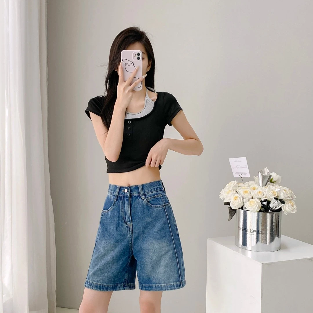 牛仔短裤五分时尚百搭女裤夏季复古新款直筒显瘦松紧腰宽松阔腿裤