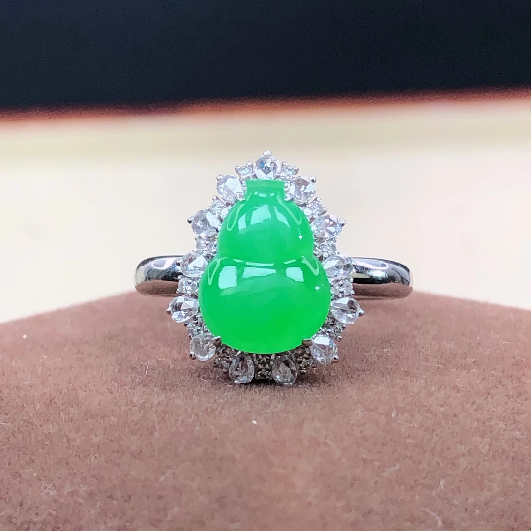 18k金镶嵌天然a货翡翠玉石冰种阳绿小葫芦戒指戒圈指环女直播A7